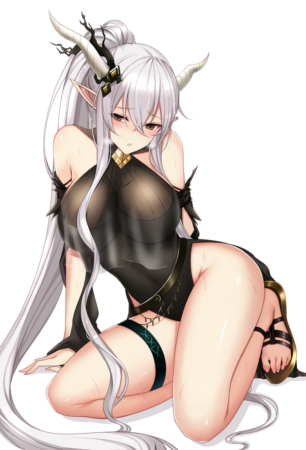 arknights ateoyh garter horns pointy_ears shining_(arknights) swimsuits wet