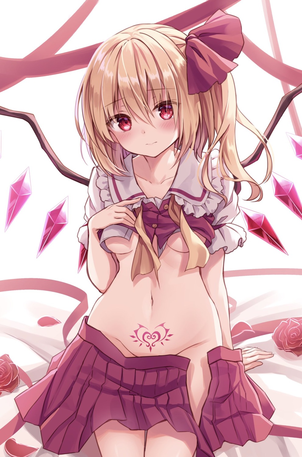 breast_hold flandre_scarlet hyurasan no_bra nopan shirt_lift tattoo touhou underboob wings