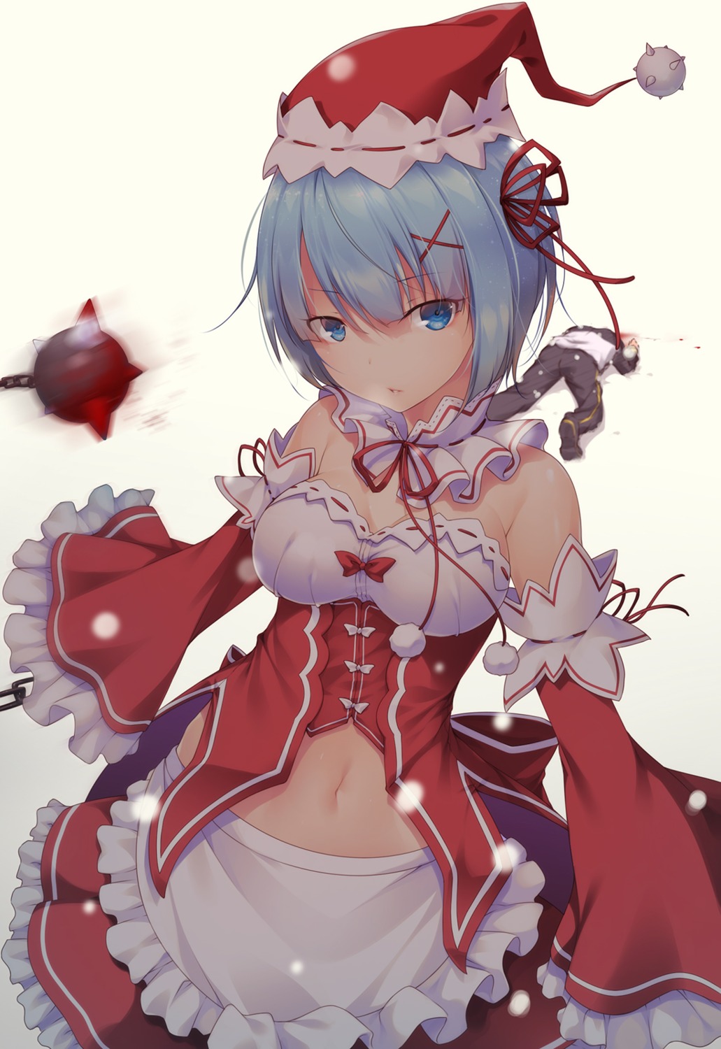 blood christmas cleavage maid mogu re_zero_kara_hajimeru_isekai_seikatsu rem_(re_zero) weapon