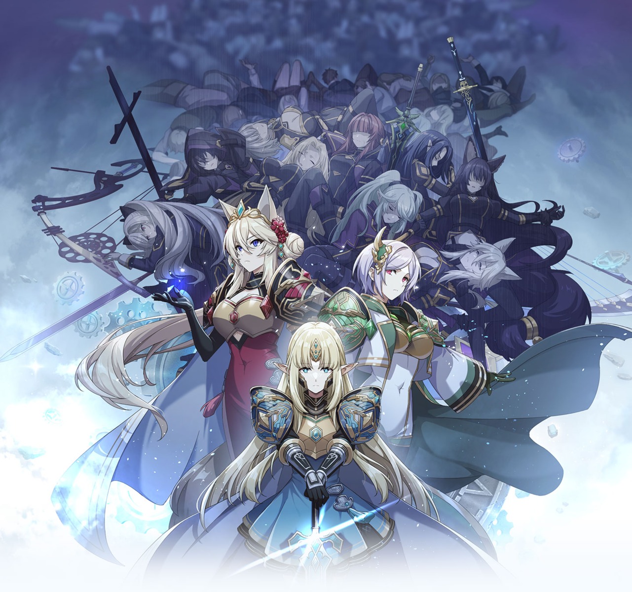 alexia_midgar alpha_(kagejitsu) animal_ears armor beta_(kagejitsu) bodysuit cid_kagenou cleavage delta_(kagejitsu) elf epsilon_(kagejitsu) eta_(kagejitsu) freya_(kagejitsu) gamma_(kagejitsu) kage_no_jitsuryokusha_ni_naritakute! lili_(kagejitsu) no_bra olivier_(kagejitsu) pointy_ears sword tagme tail weapon zeta_(kagejitsu)