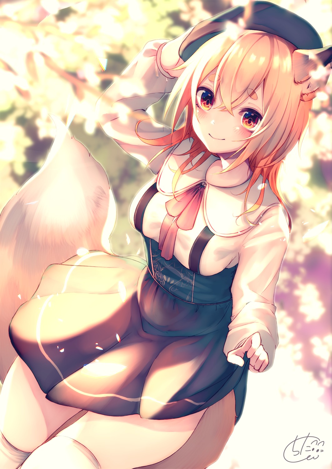 animal_ears chita_(ketchup) kitsune skirt_lift tail thighhighs