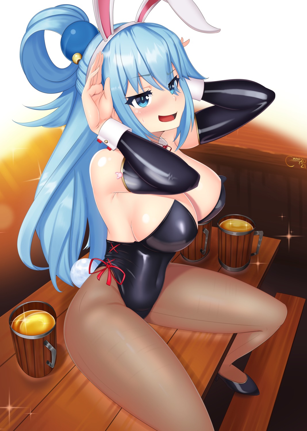 animal_ears aqua_(kono_subarashii_sekai_ni_shukufuku_wo!) bunny_ears bunny_girl castell kono_subarashii_sekai_ni_shukufuku_wo! no_bra pantyhose tail