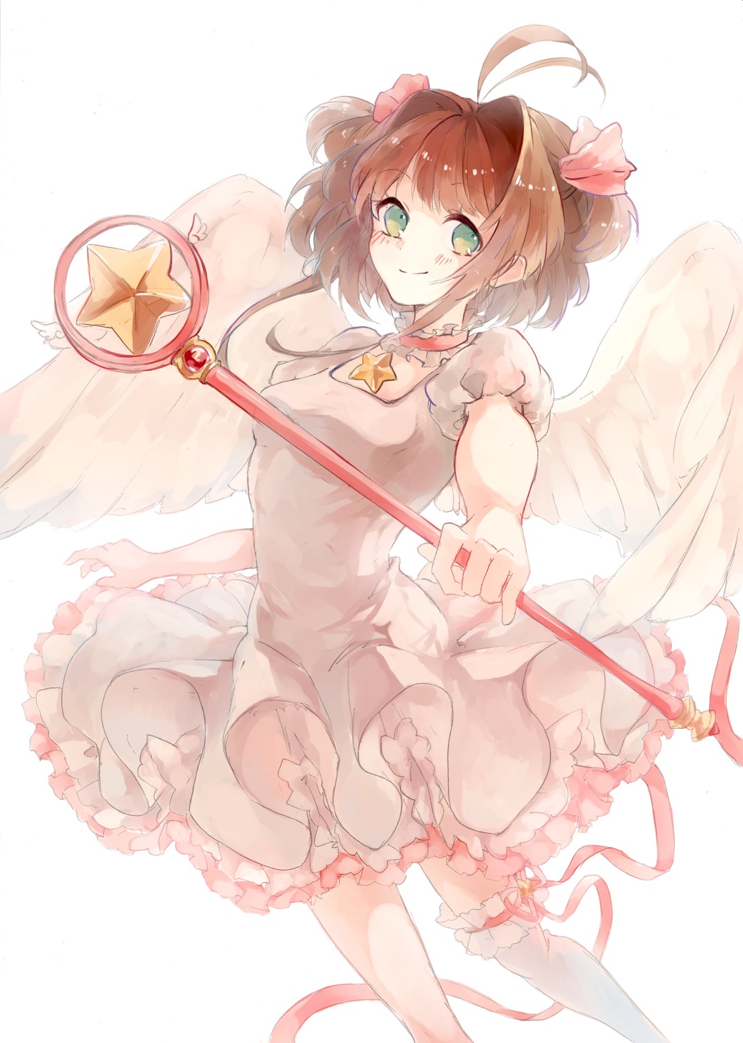 card_captor_sakura dress garter hozumi_rino kinomoto_sakura thighhighs weapon wings