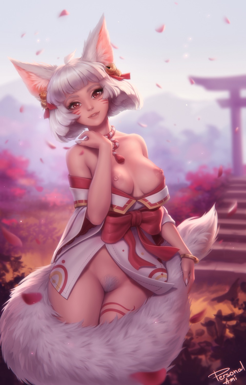 animal_ears bottomless breasts crush_crush japanese_clothes kitsune nipples no_bra open_shirt personal_ami pubic_hair suzu_(crush_crush) tail tattoo