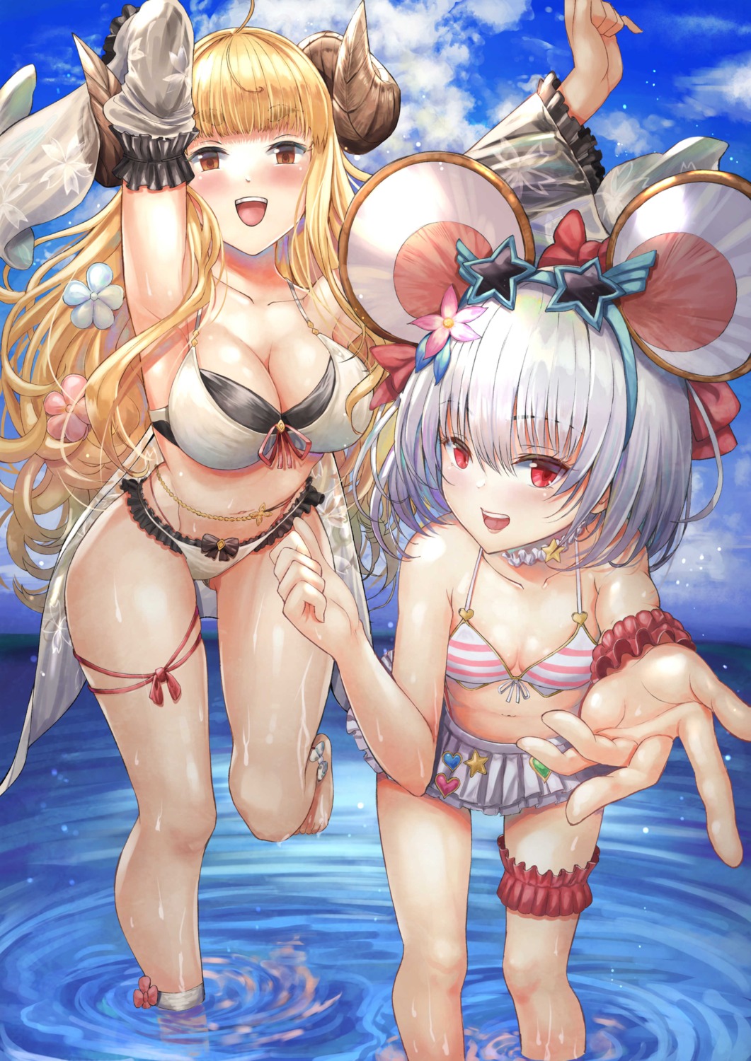 anila_(granblue_fantasy) animal_ears bikini cleavage garter granblue_fantasy horns megane see_through shuangyijiu swimsuits vikala_(granblue_fantasy) wet