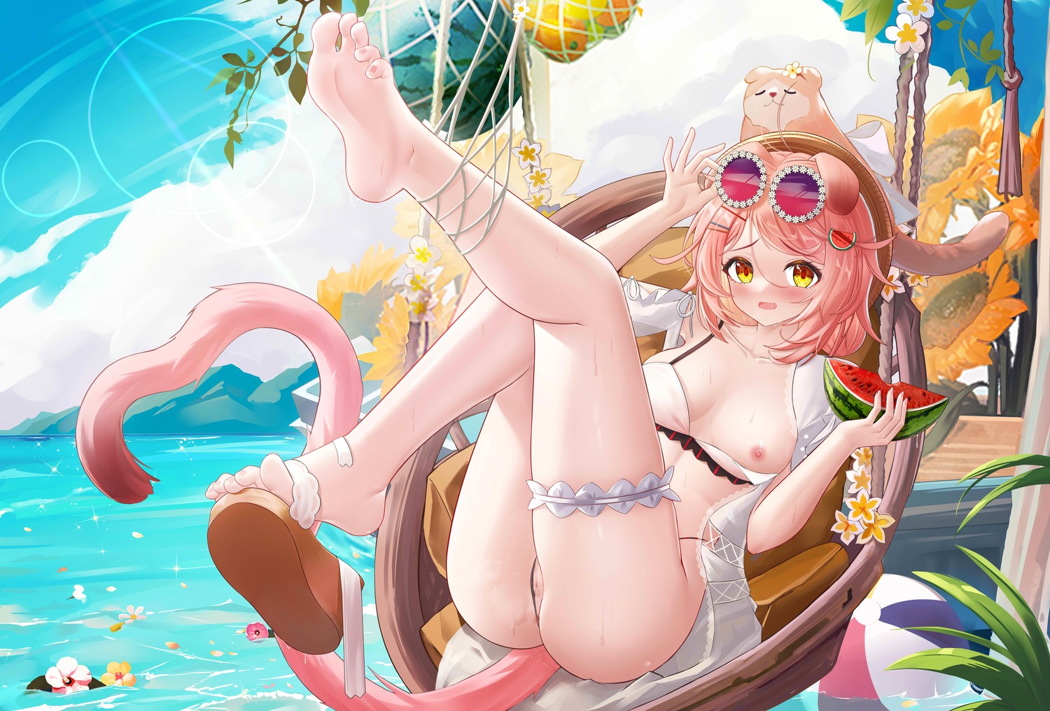 animal_ears anus arknights bikini breasts censored feet garter goldenglow_(arknights) jndfh megane nipples open_shirt pussy swimsuits tail thong