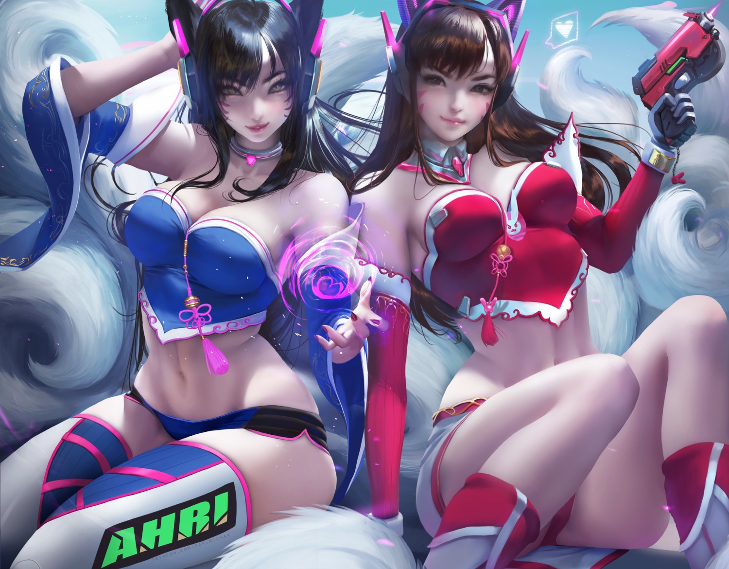 ahri cleavage cosplay crossover d.va gun headphones kitsune league_of_legends overwatch pantsu sakimichan tail thighhighs