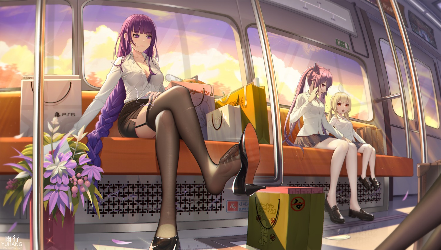 bra dress_shirt feet genshin_impact heels keqing klee open_shirt pantyhose raiden_shogun see_through seifuku skirt_lift stockings thighhighs yuxing_yuhang