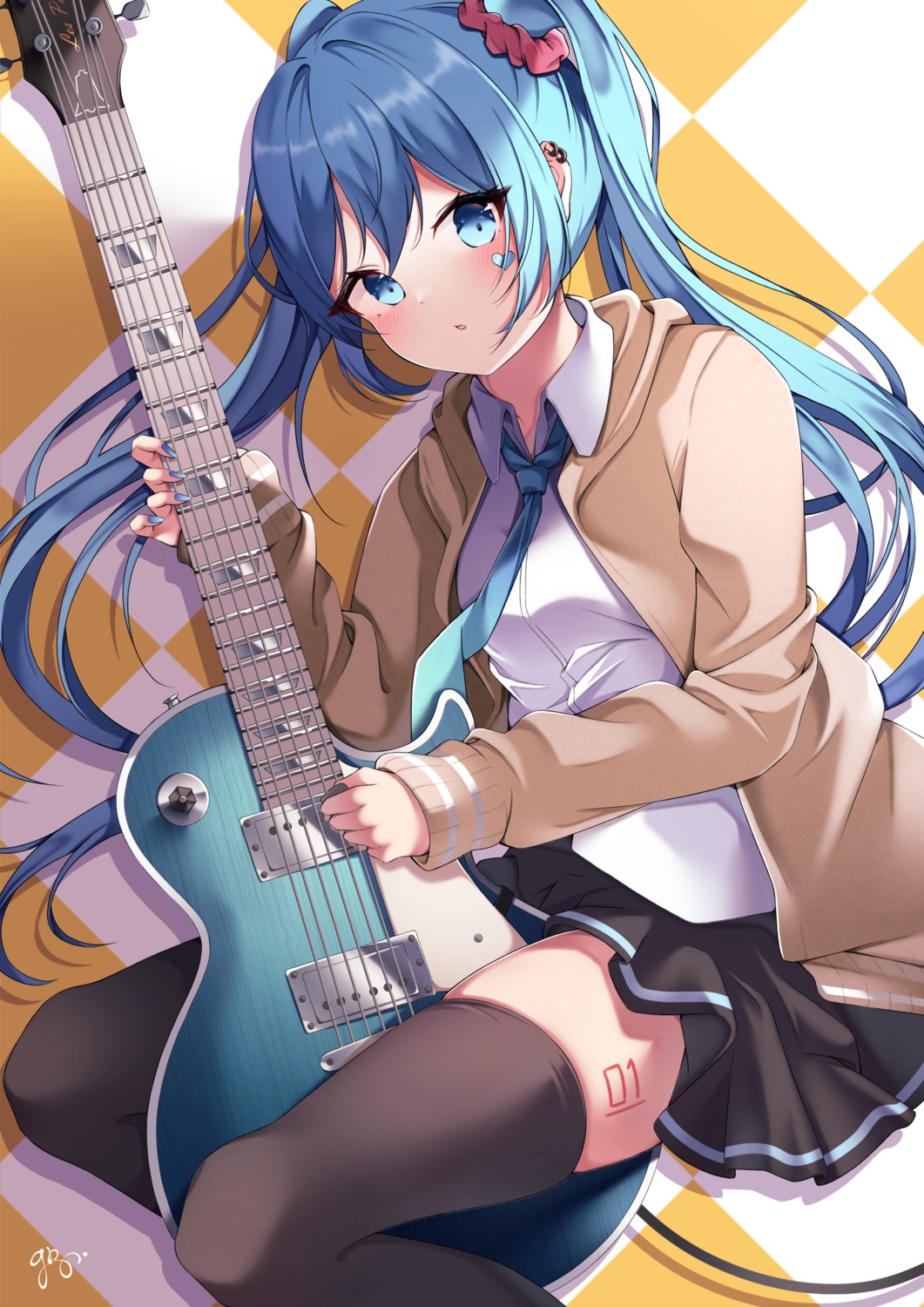 gri guitar guri_(gri1211) hatsune_miku skirt_lift sweater tattoo thighhighs vocaloid