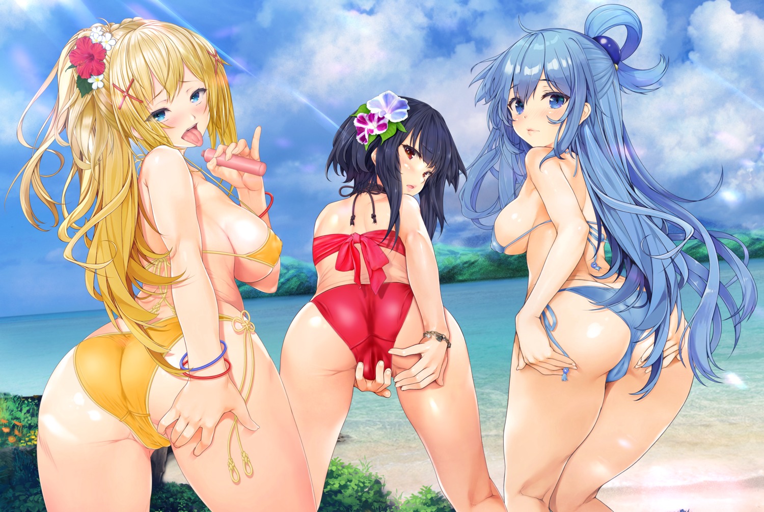 aqua_(konosuba) ass bikini cameltoe dustiness_ford_raratina erect_nipples kono_subarashii_sekai_ni_shukufuku_wo! m!nt megumin swimsuits thong