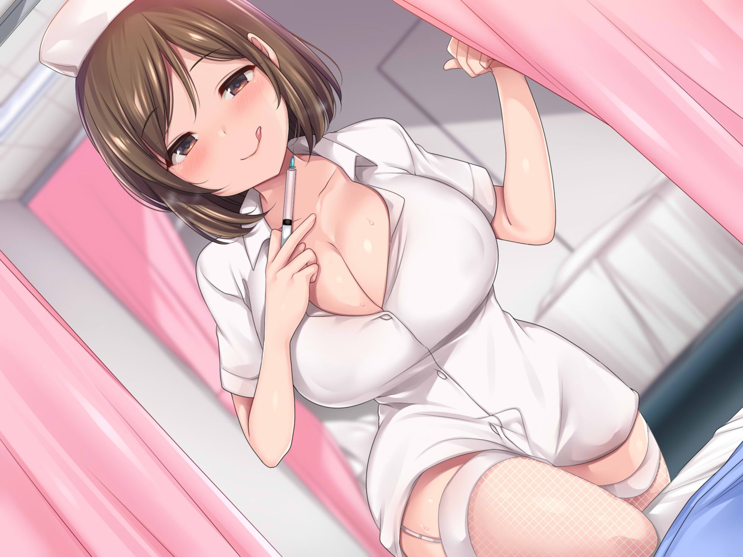 cleavage deyuyama fishnets nurse open_shirt skirt_lift stockings thighhighs