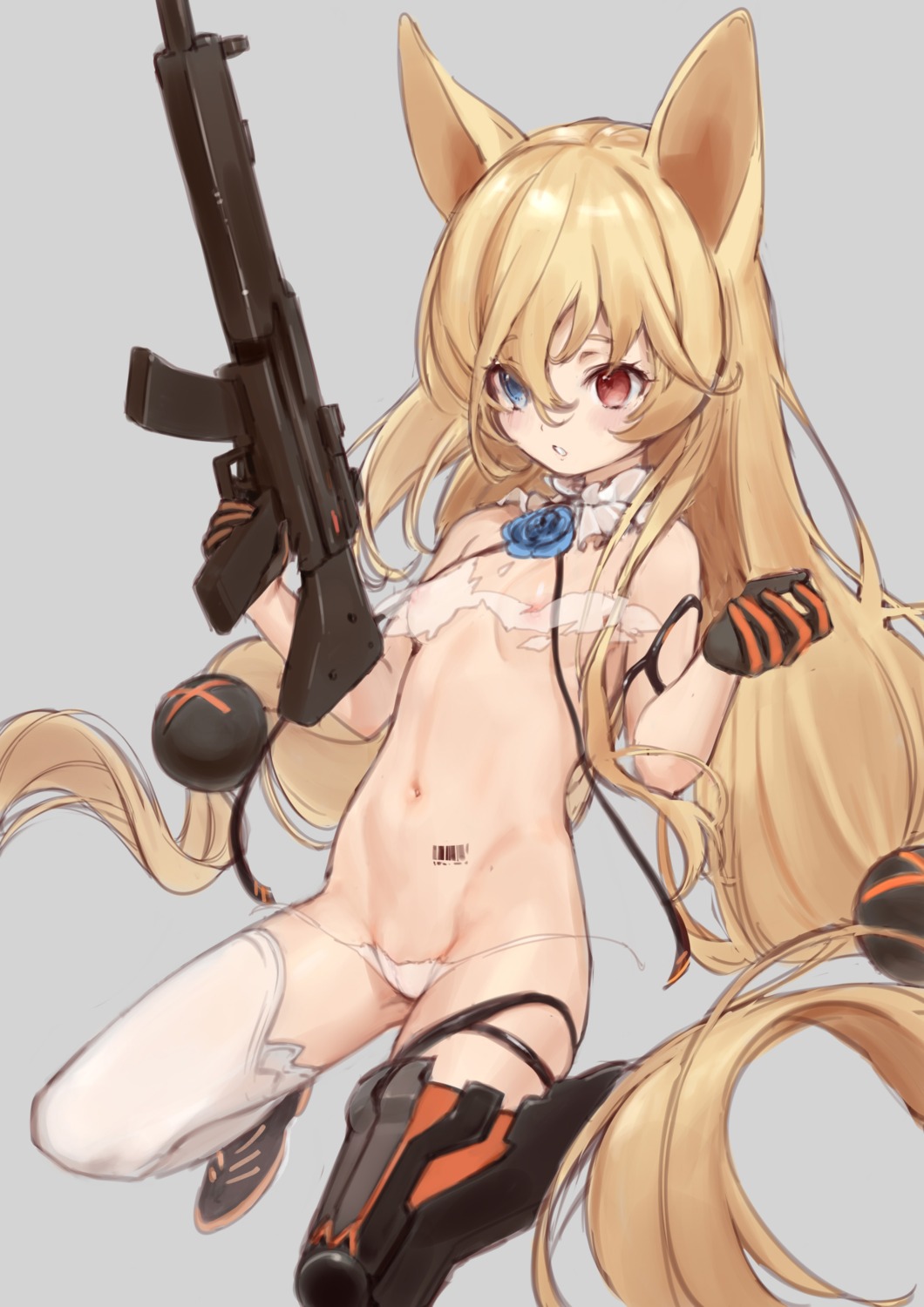 animal_ears anouetto erect_nipples g41_(girls_frontline) garter girls_frontline gun heterochromia loli nipples pantsu panty_pull string_panties tattoo thighhighs torn_clothes wardrobe_malfunction