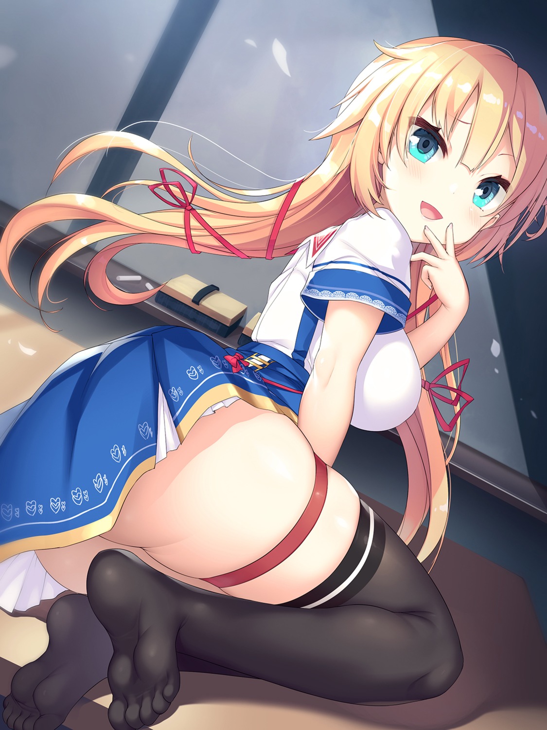 akai_haato ass feet garter hololive ochinsama seifuku skirt_lift thighhighs