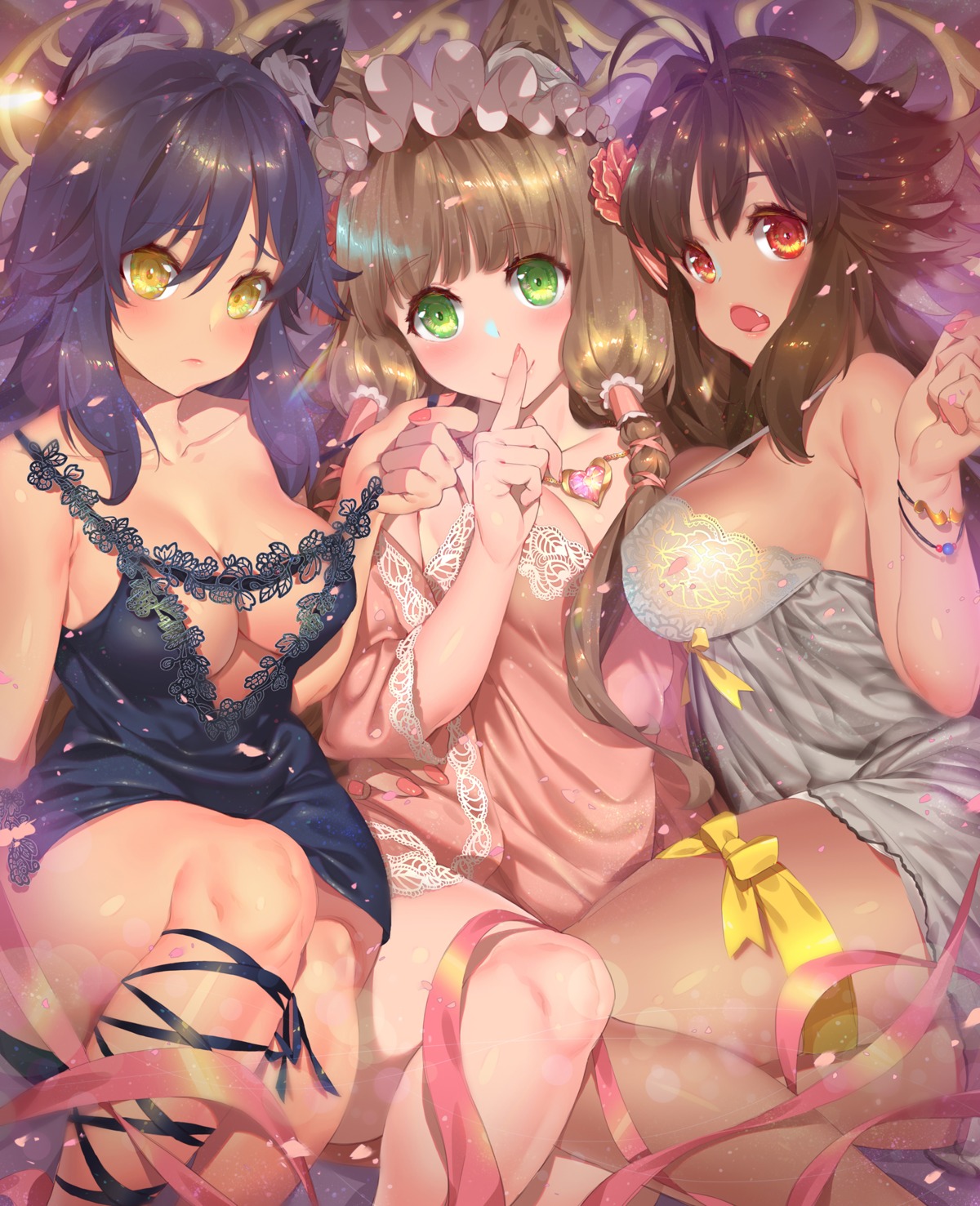 aki_makoto animal_ears cleavage himemiya_maho kyan_kaori lingerie no_bra princess_connect princess_connect!_re:dive waterring