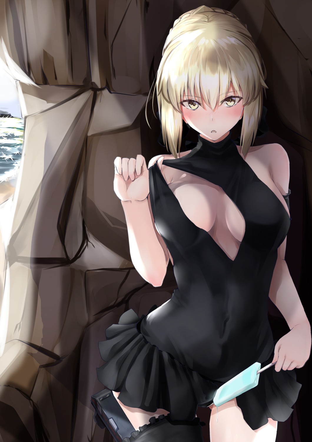 fate/grand_order gun ninoude_(ninoude44) open_shirt saber saber_alter swimsuits thighhighs