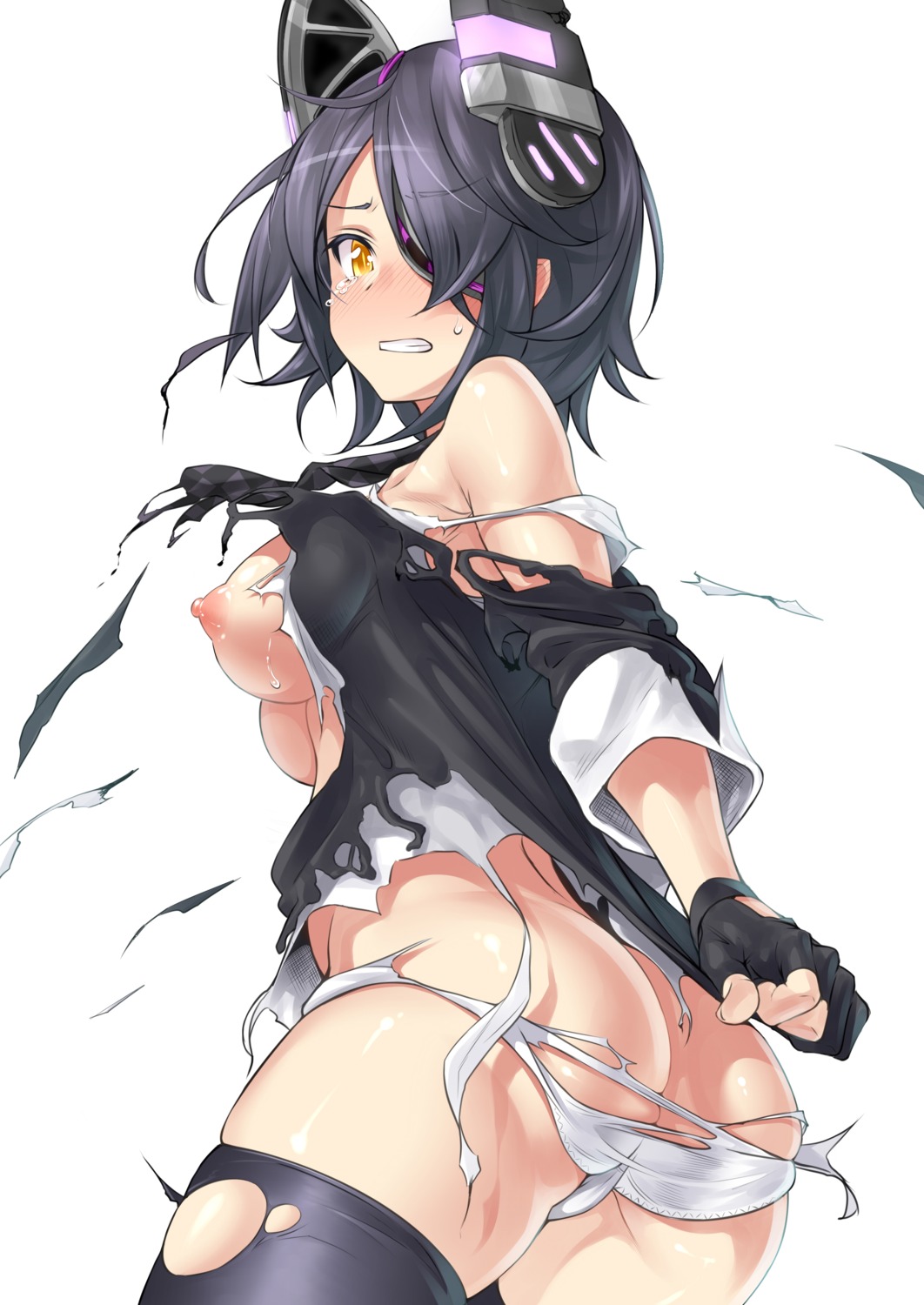 ass breasts eyepatch kantai_collection nipples no_bra open_shirt orochi_itto pantsu tenryuu_(kancolle) thighhighs torn_clothes