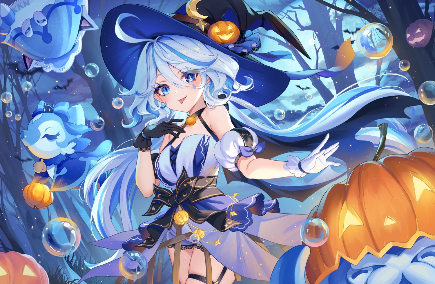 furina garter genshin_impact halloween heterochromia lalazyt no_bra witch