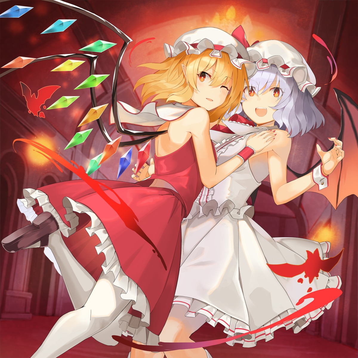 flandre_scarlet pantyhose pointy_ears remilia_scarlet rin_falcon skirt_lift touhou wings