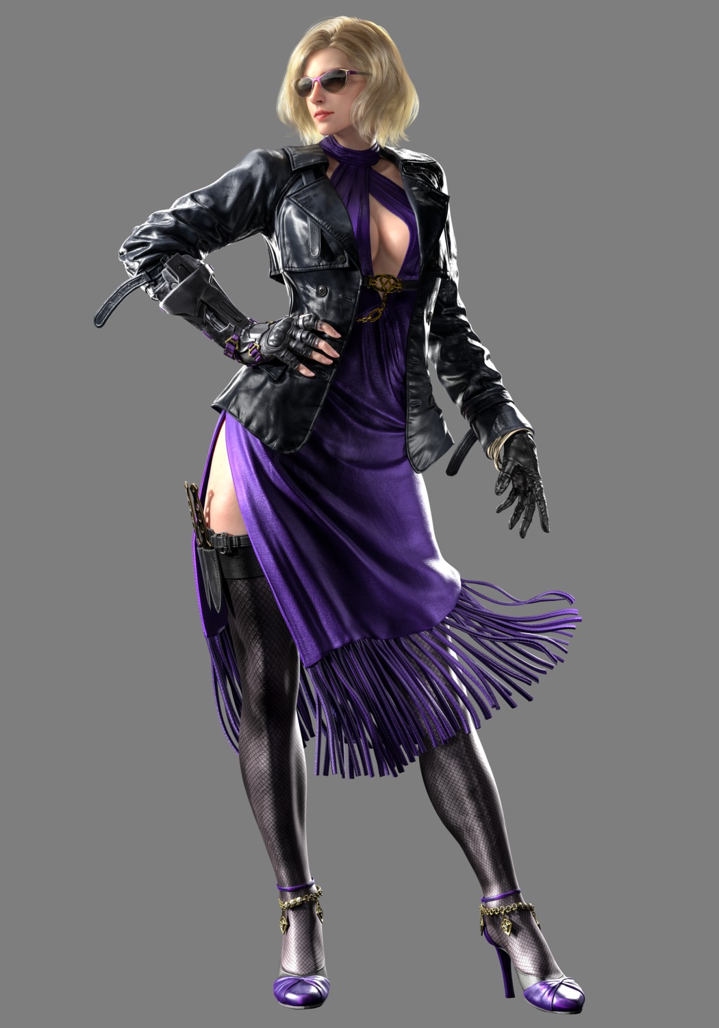 bandai_namco fishnets heels megane nina_williams no_bra open_shirt stockings tekken tekken_8 thighhighs transparent_png weapon