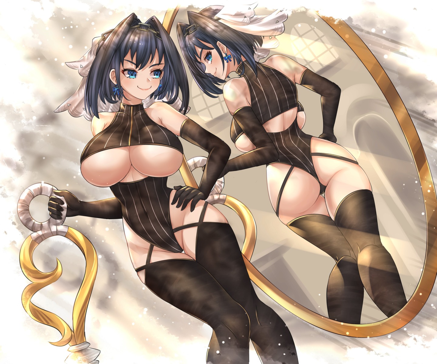 ass hololive hololive_english honkivampy leotard ouro_kronii thighhighs underboob weapon