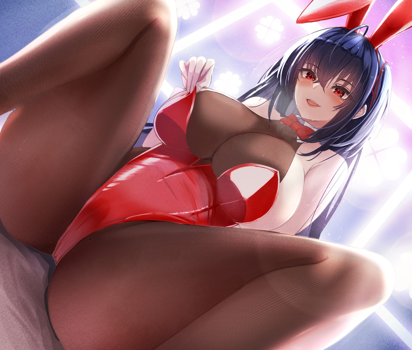 animal_ears azur_lane bunny_ears bunny_girl no_bra pantyhose sho_sano taihou_(azur_lane) undressing