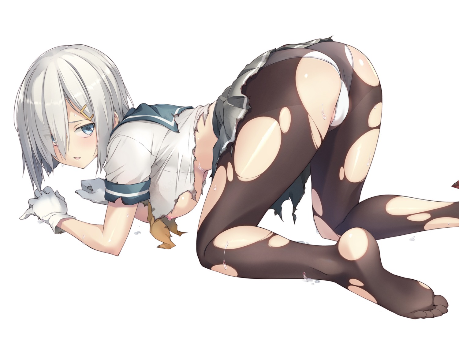 ass feet hamakaze_(kancolle) kantai_collection nipples pantsu pantyhose sakana seifuku skirt_lift torn_clothes