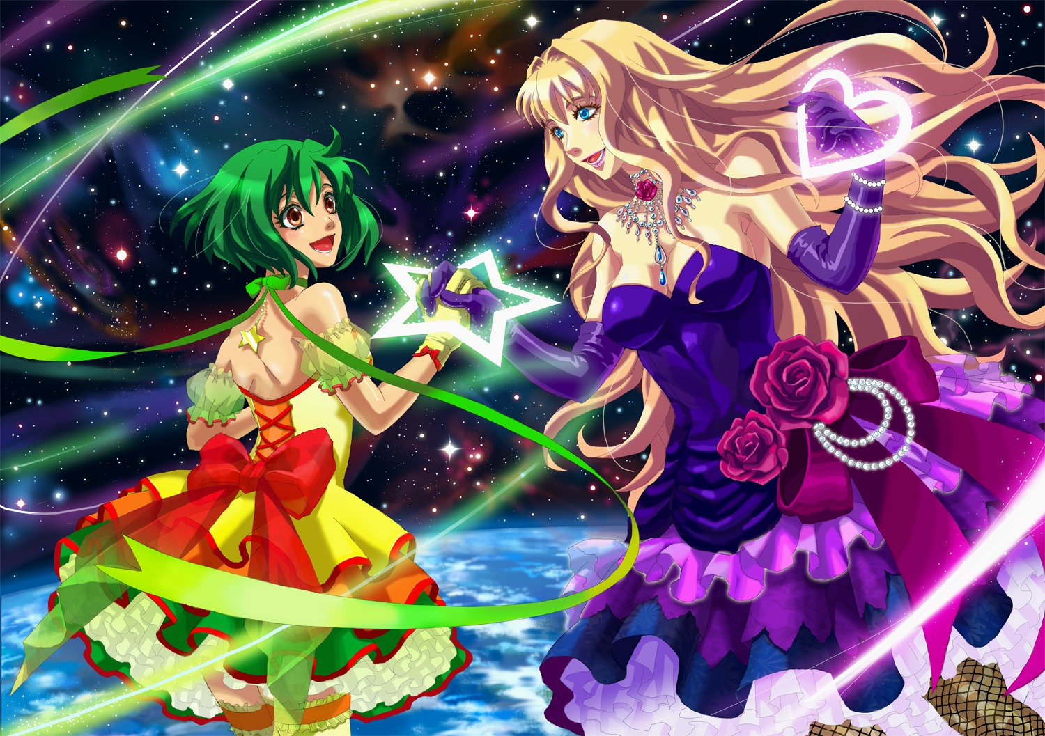 dress emi_(penguin908) macross macross_frontier ranka_lee sheryl_nome thighhighs