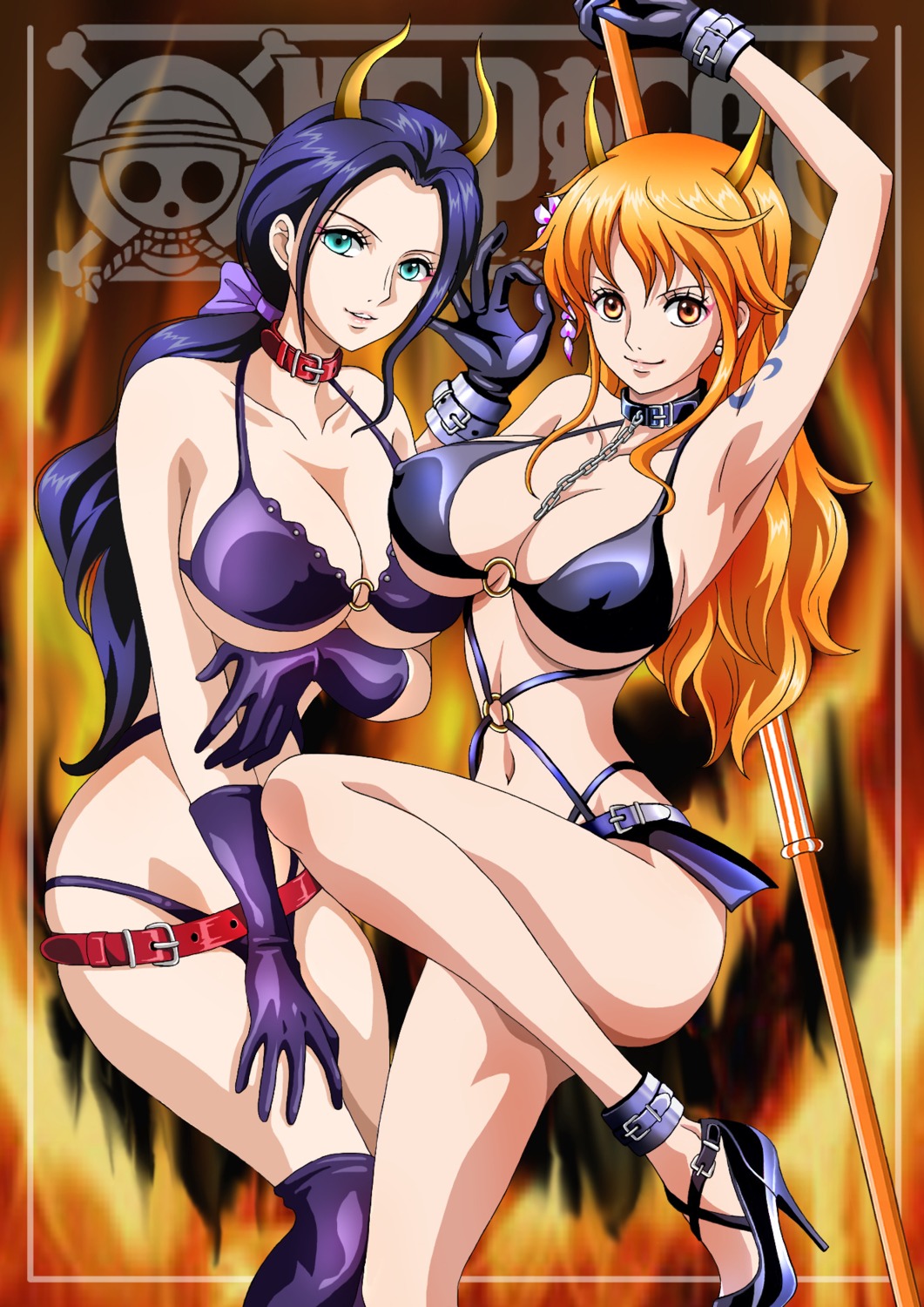 bikini erect_nipples heels horns nami nico_robin one_piece swimsuits tagme tattoo thighhighs weapon