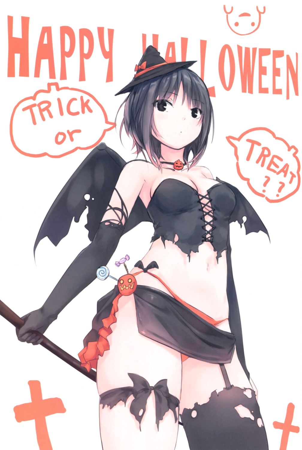 aoyama_sumika cleavage coffee-kizoku halloween no_bra pantsu stockings thighhighs torn_clothes wings witch