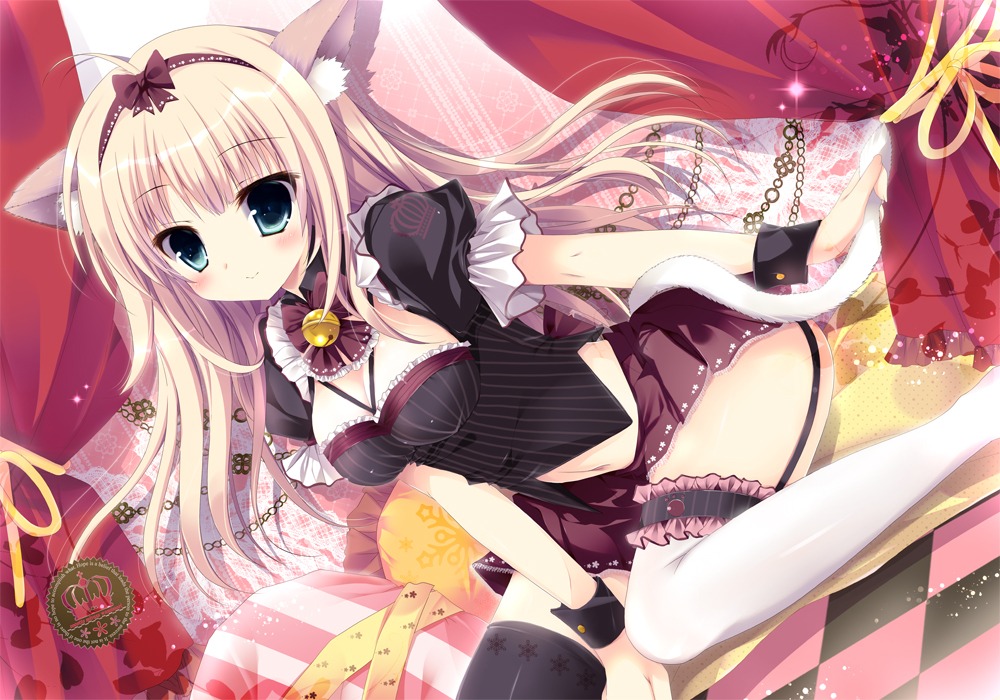 animal_ears cleavage mizusawa_mimori nekomimi stockings tail thighhighs