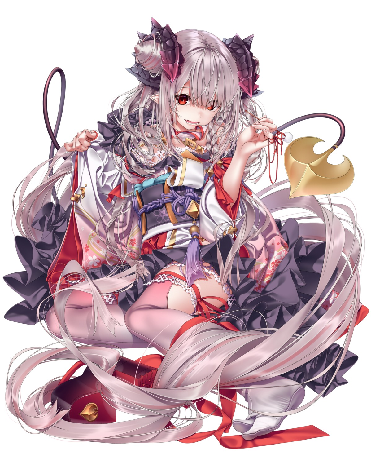 doa_(wabisabi) honey_strap horns japanese_clothes nanashi_inc. pointy_ears suou_patra tail thighhighs