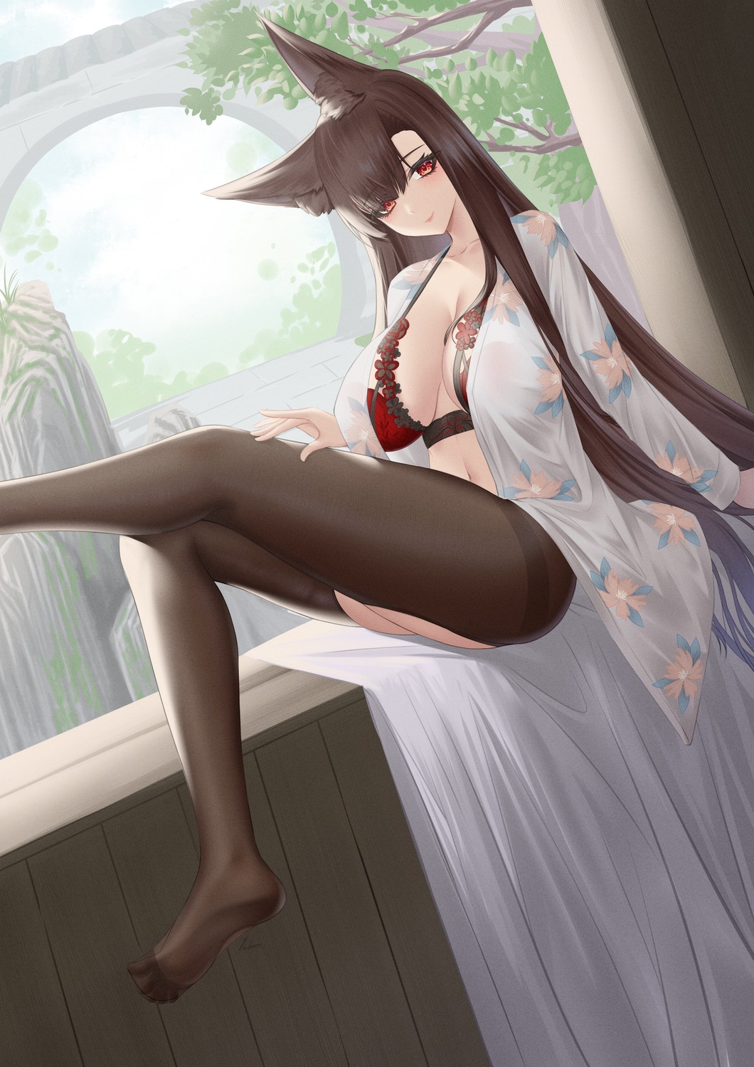 akagi_(azur_lane) animal_ears azur_lane bra ichikushi_mojibake open_shirt pantyhose