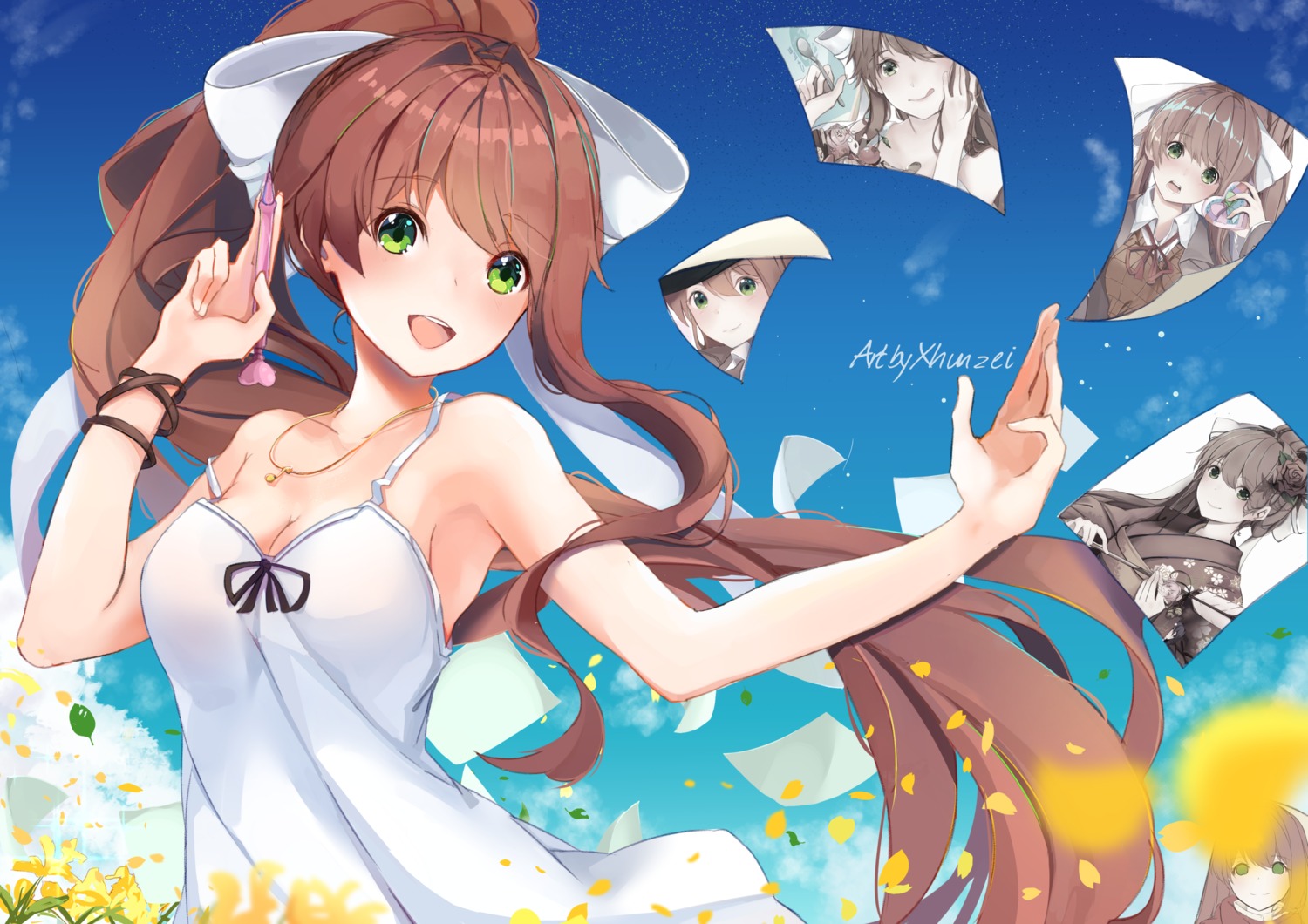 cleavage doki_doki_literature_club! dress kimono monika_(doki_doki_literature_club!) seifuku summer_dress xhunzei