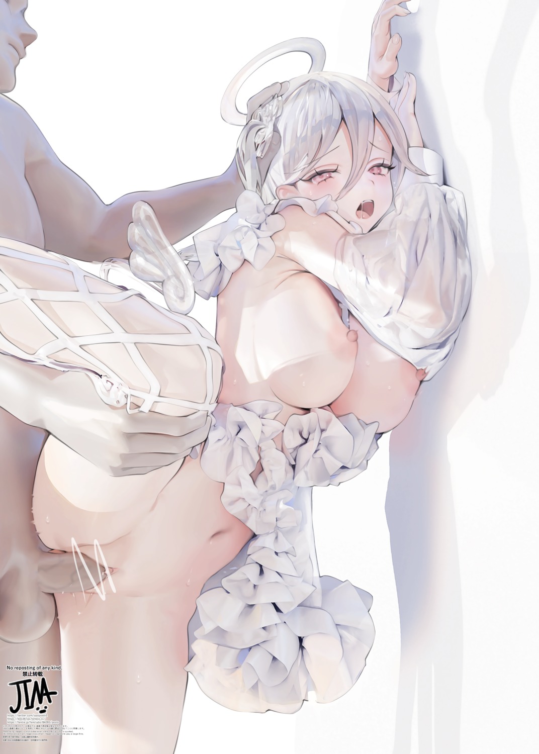 angel breasts censored dress fishnets iijima_masashi nipples no_bra open_shirt penis pussy pussy_juice see_through sex skirt_lift thighhighs wet wings