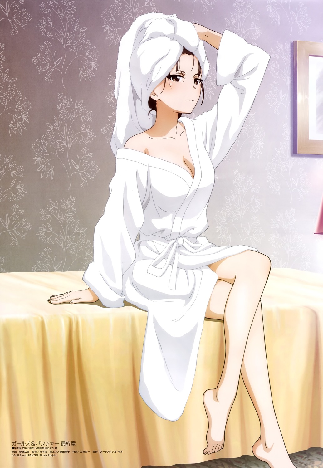 girls_und_panzer itou_takeshi nishizumi_shiho no_bra open_shirt robe towel