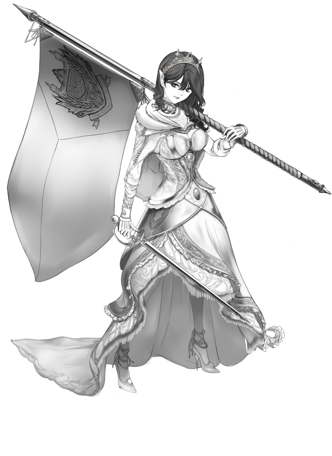 dress heels monochrome pointy_ears shisshou_senkoku sword