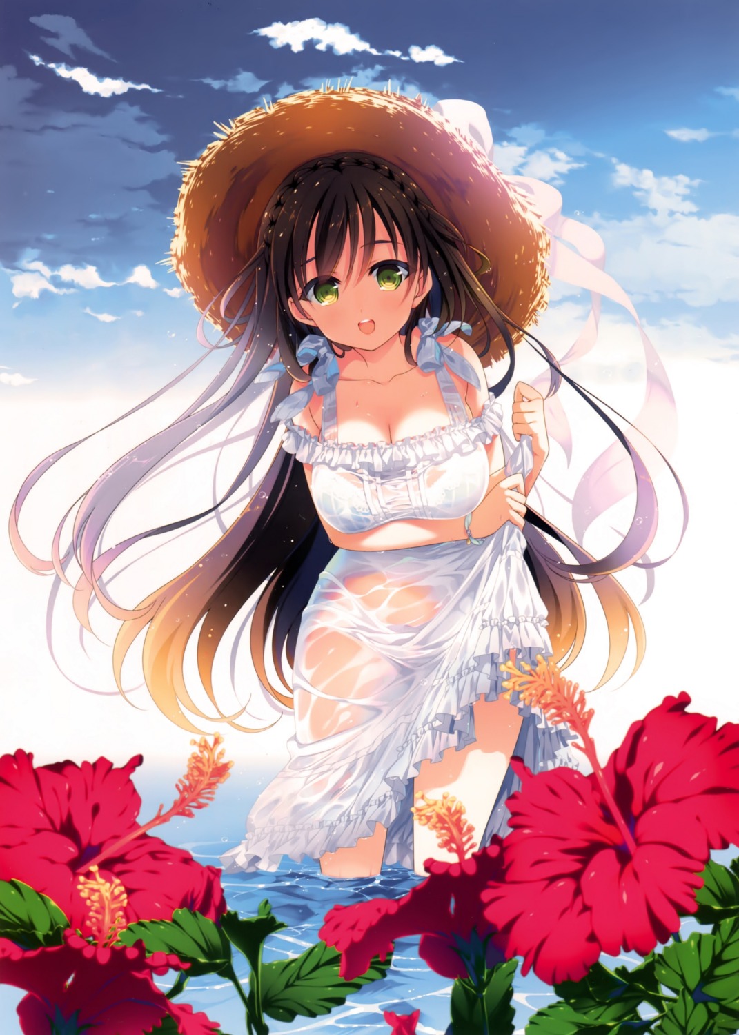 bra breast_hold dress mizuno_sao pantsu see_through skirt_lift summer_dress wet wet_clothes