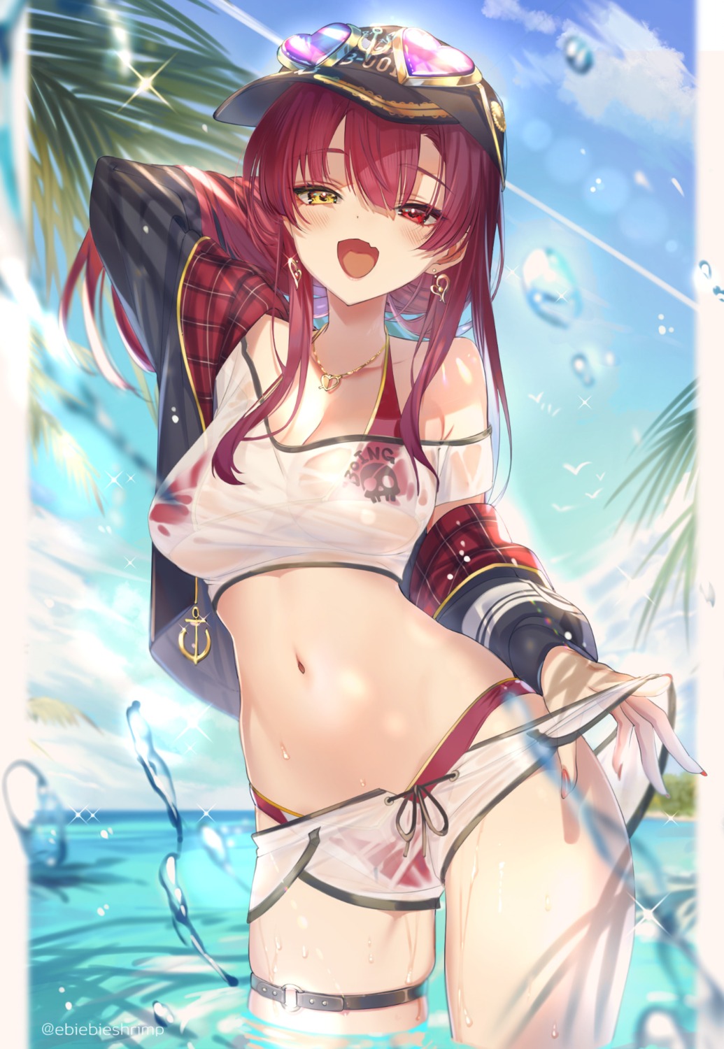 bikini garter heterochromia hololive houshou_marine megane open_shirt see_through shuri_(84k) swimsuits undressing wet wet_clothes