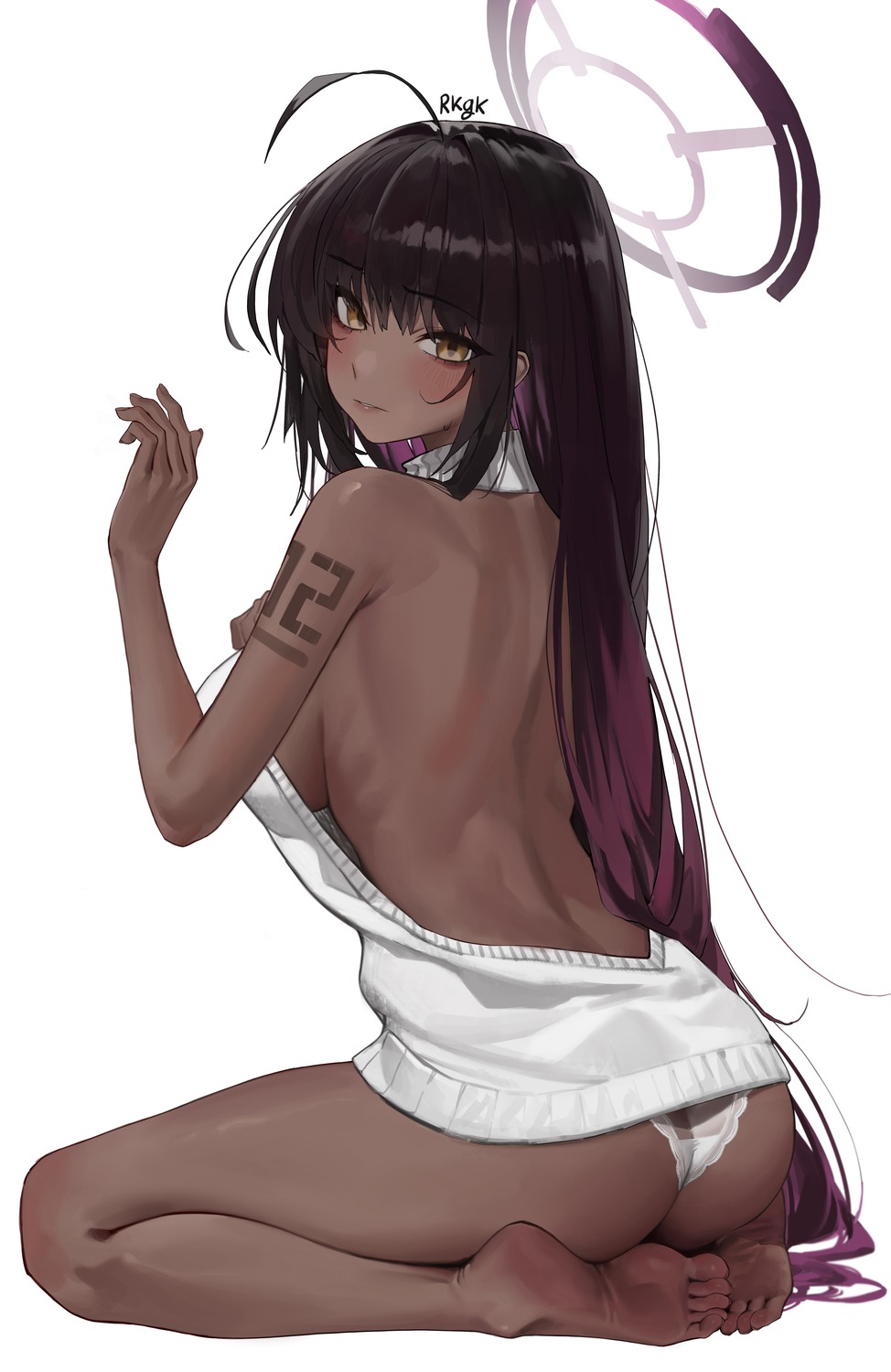 ass blue_archive halo kakudate_karin no_bra pantsu so_shio sweater tattoo thong