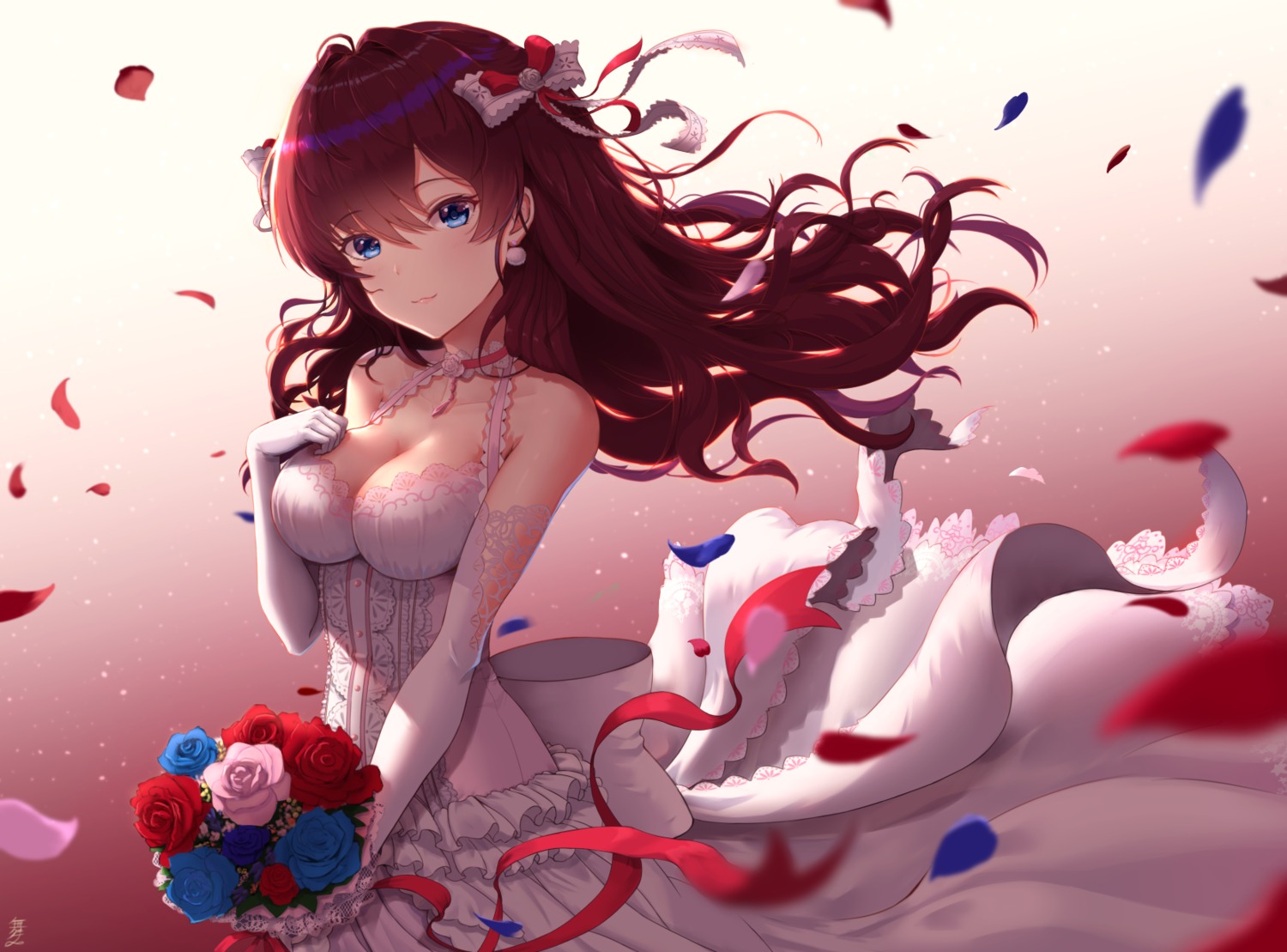 cleavage dress ichinose_shiki maitake_(maitake1234) skirt_lift the_idolm@ster the_idolm@ster_cinderella_girls wedding_dress