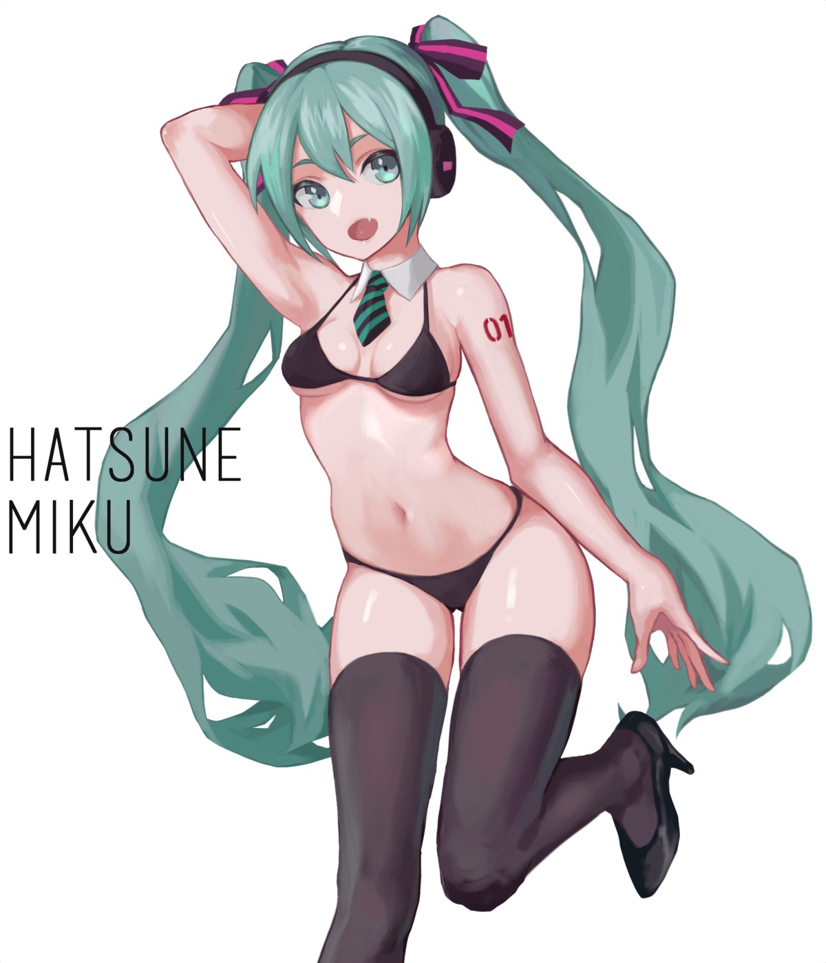 bikini cancell cleavage hatsune_miku headphones swimsuits tattoo thighhighs underboob vocaloid