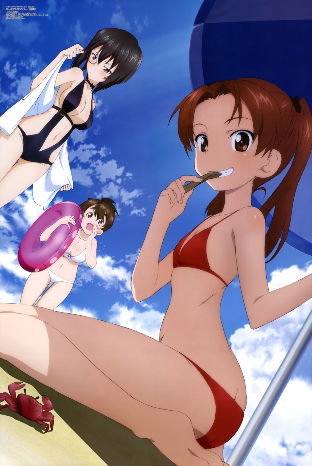 bikini cleavage girls_und_panzer kadotani_anzu kawashima_momo koyama_yuzu megane swimsuits tanaka_katsunori
