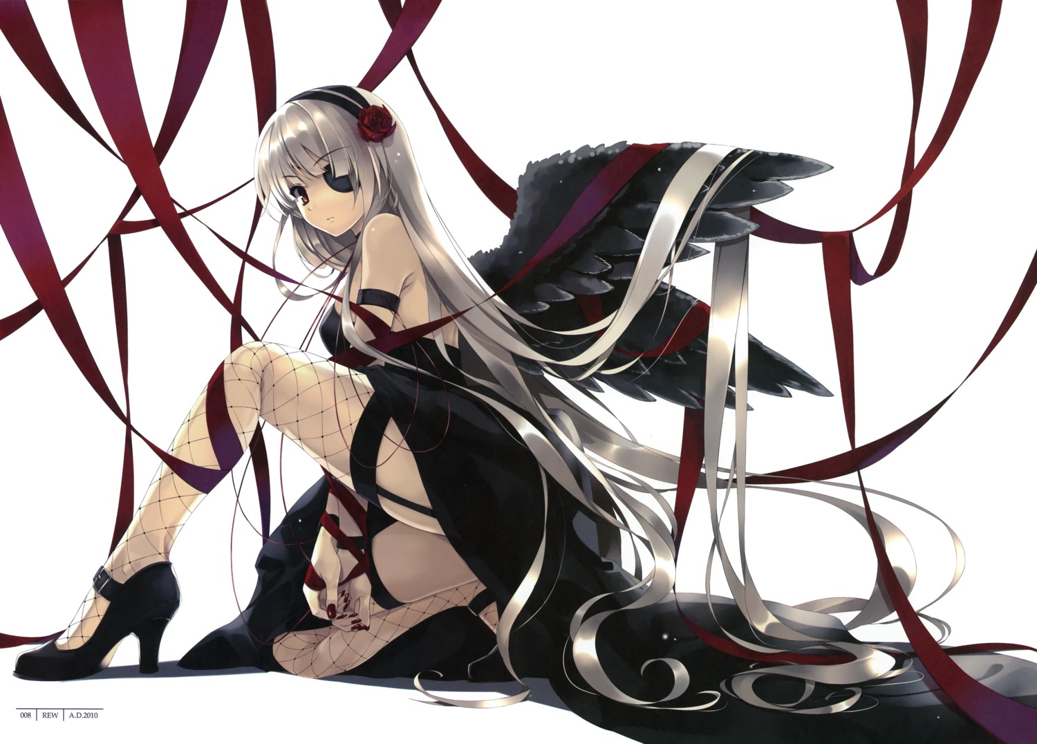 cradle dress eyepatch fishnets kuroi_goth_loli_no_shoujo misaki_kurehito stockings thighhighs wings