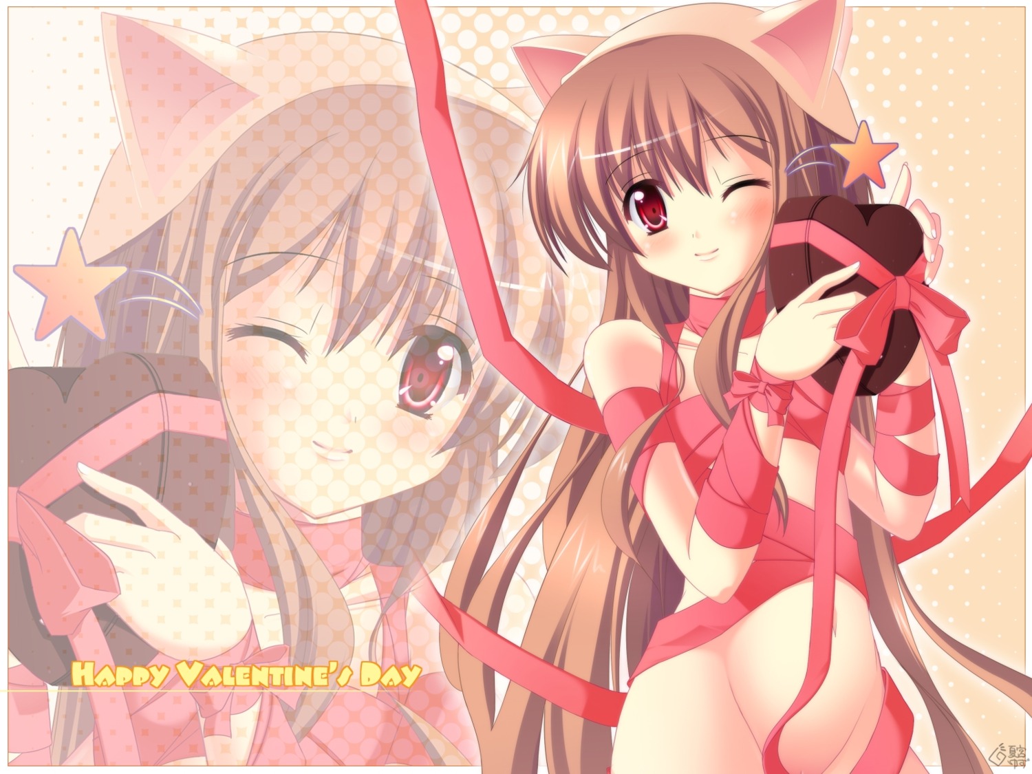 animal_ears naked_ribbon natsumiya_yuzu nekomimi valentine wallpaper