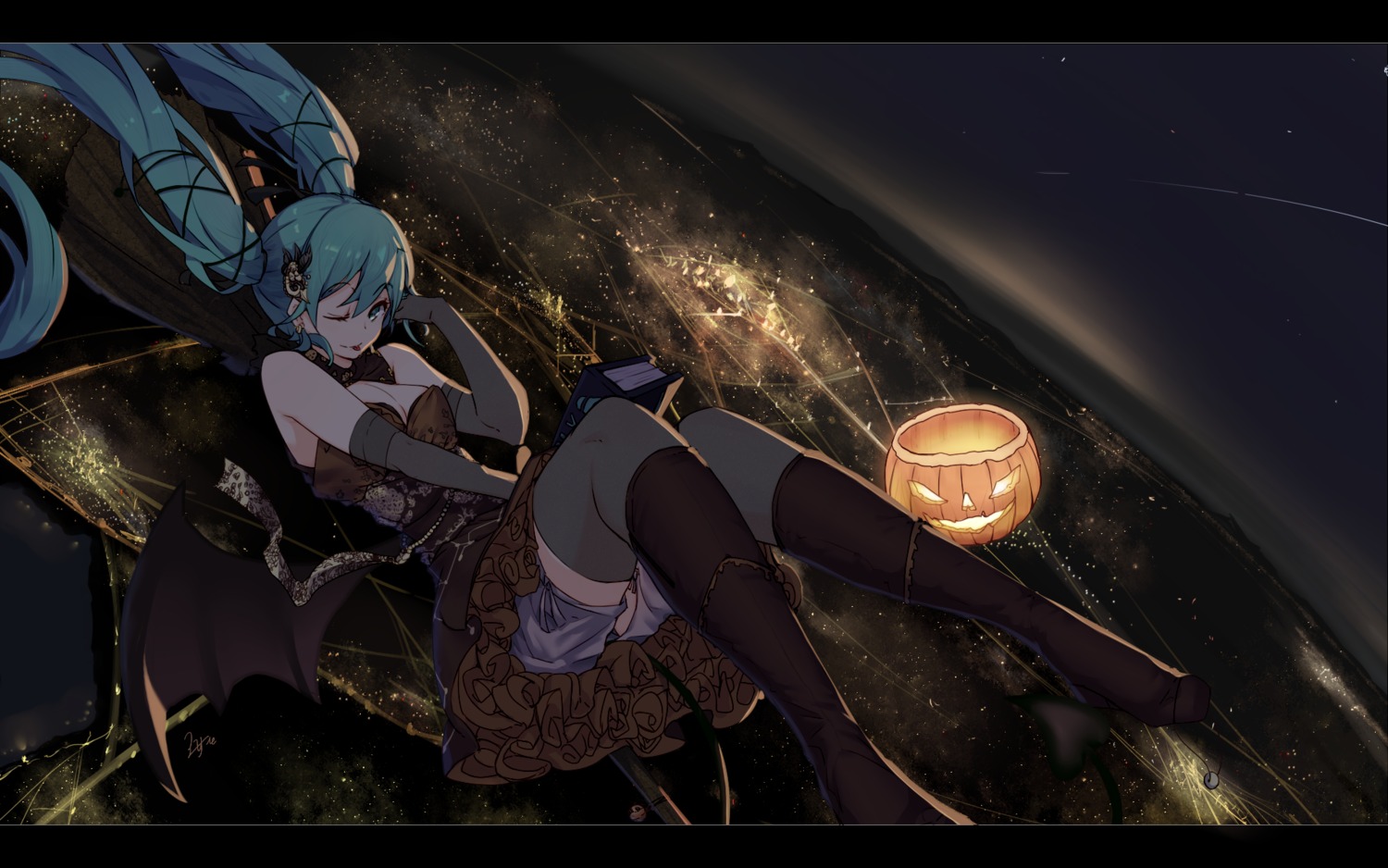 cleavage dress halloween hatsune_miku heels tail thighhighs vocaloid wallpaper wings zhayin-san