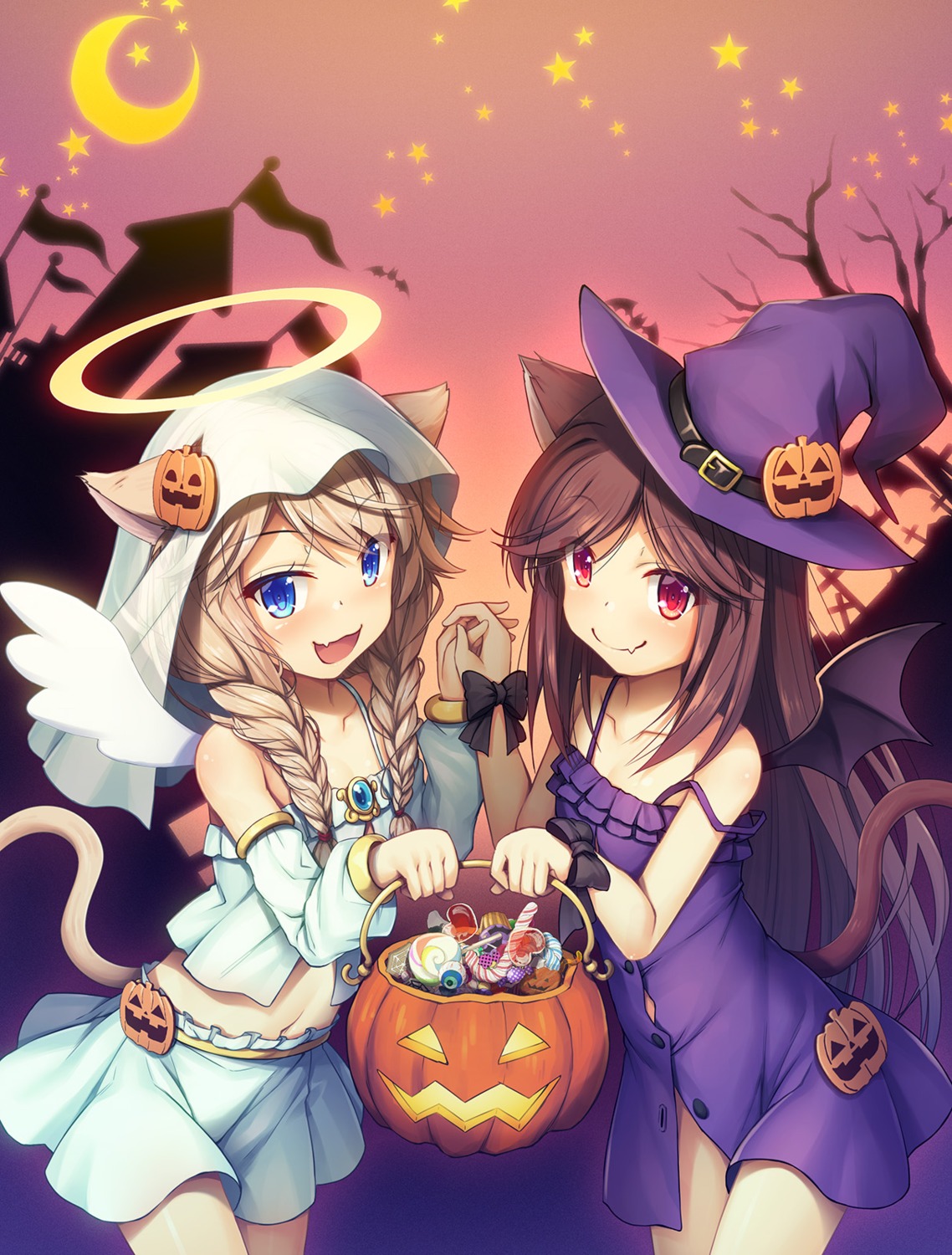 angel animal_ears chima_q dress halloween nekomimi no_bra skirt_lift tail wings witch