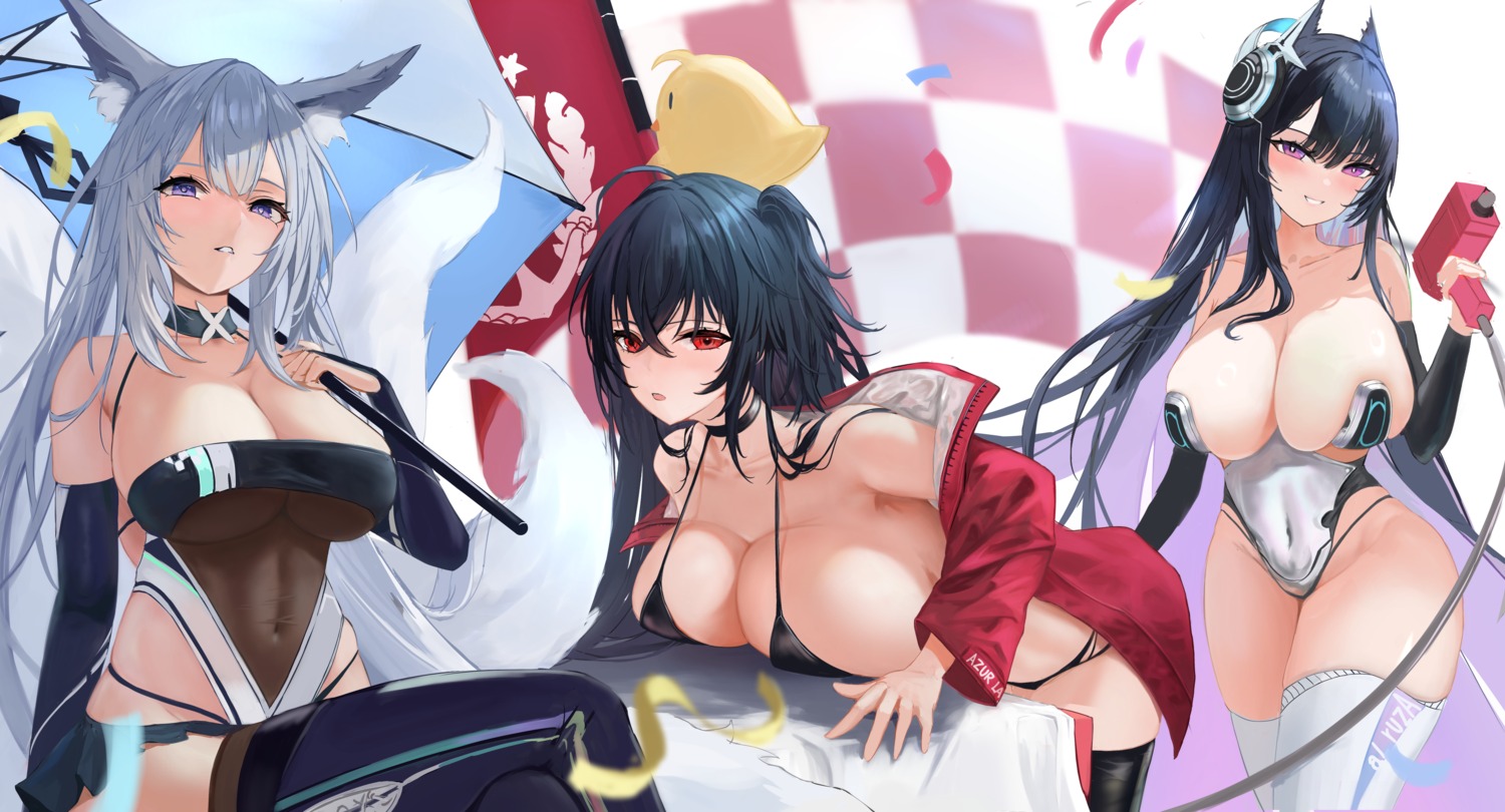 animal_ears azur_lane bikini chunchilin kitsune leotard manjuu_(azur_lane) open_shirt see_through shinano_(azur_lane) strasbourg_(azur_lane) swimsuits taihou_(azur_lane) tail thighhighs umbrella