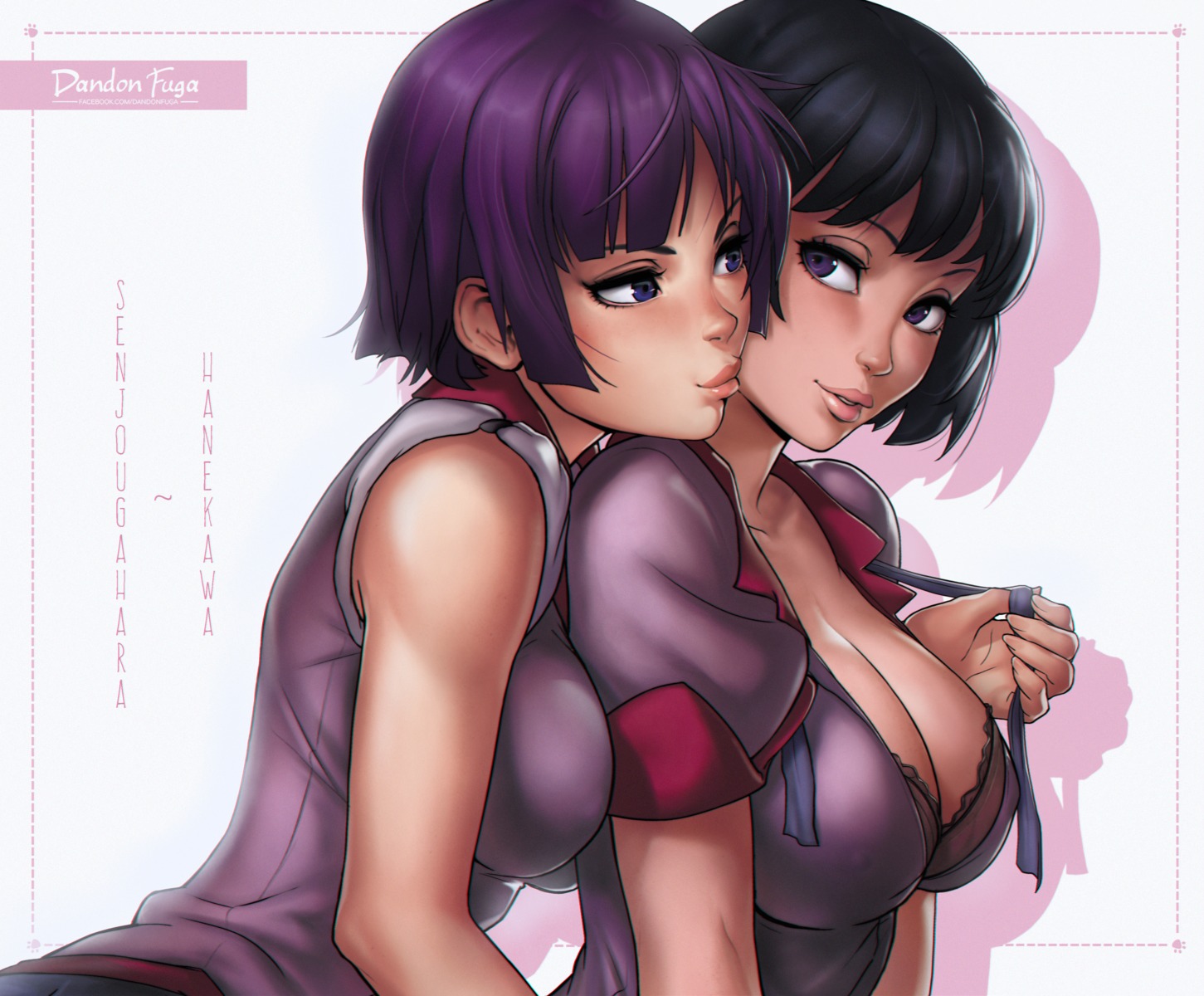 bakemonogatari bra cleavage dandon_fuga hanekawa_tsubasa monogatari_(series) open_shirt seifuku senjougahara_hitagi undressing yuri