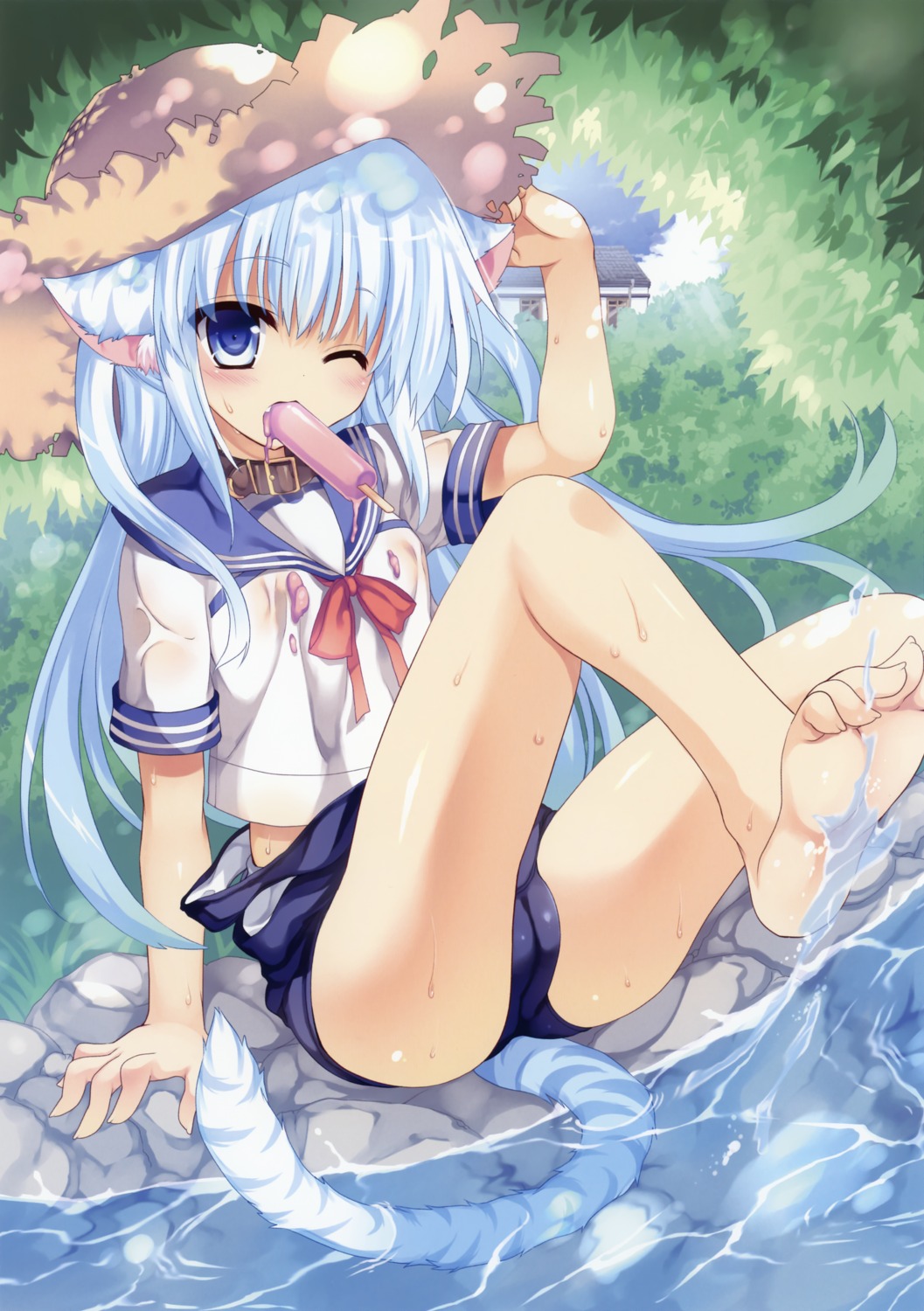 animal_ears cameltoe cream feet sansyoku_amido. school_swimsuit seifuku swimsuits tail wet wet_clothes