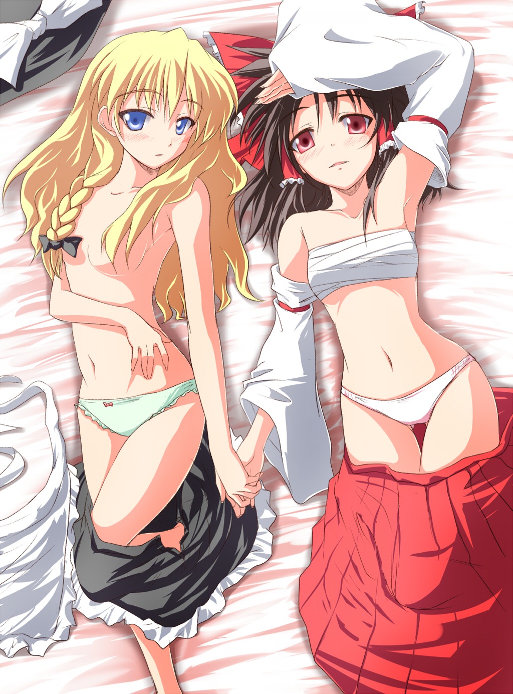 hakurei_reimu kirisame_marisa nirap pantsu sarashi topless touhou undressing